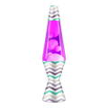 Lava lamp with teal and grey chevron base and cap, purple liquid, and pink wax bubbles.