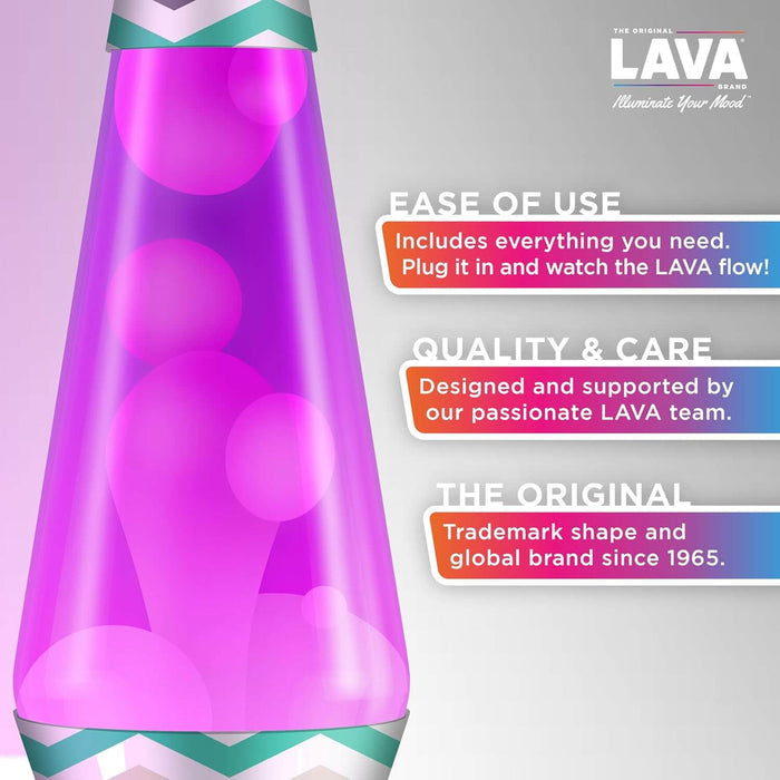 Purple and pink lava lamp with chevron patterned base and marketing text highlighting brand features and quality.