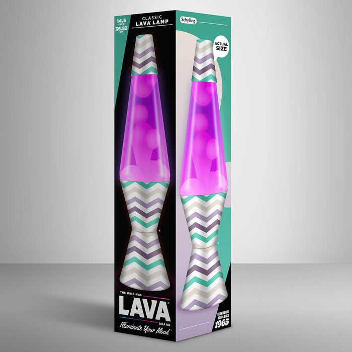 Packaging for a lava lamp with pink wax, purple liquid, and a teal and grey chevron patterned base and cap.