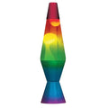 Rainbow gradient lava lamp with a tapered glass body and matching base, featuring floating yellow wax blobs.