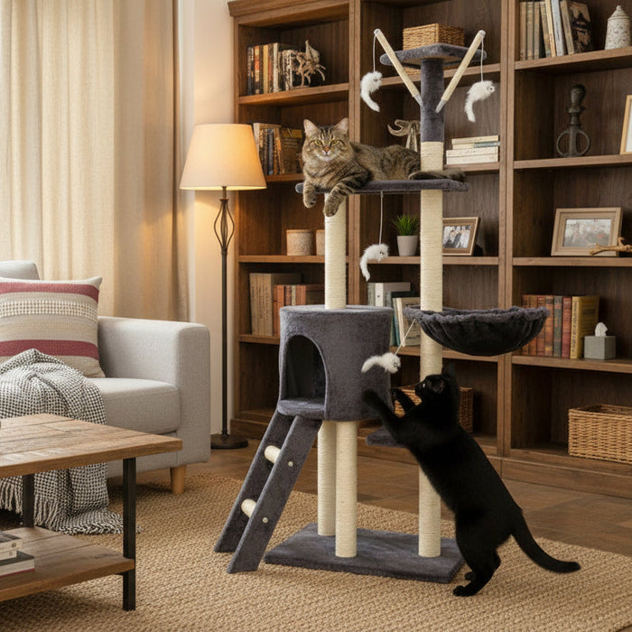Dark grey 148cm cat tree house with scratching post and condo for cats, providing climbing and resting space.