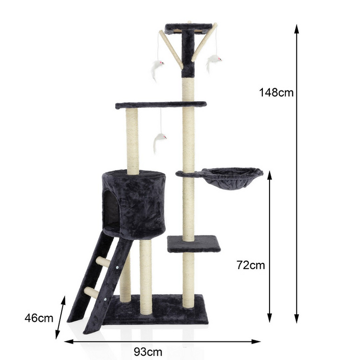 Dark grey 148cm cat tree house with scratching posts and condo, ideal for cats to climb, scratch, and rest.