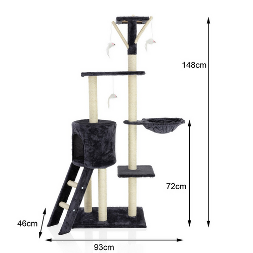 Dark grey 148cm cat tree house with scratching posts and condo, ideal for cats to climb, scratch, and rest.