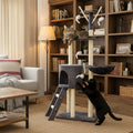 Dark grey 148cm cat tree house with scratching post and condo, providing a cozy space for cats to play and rest.