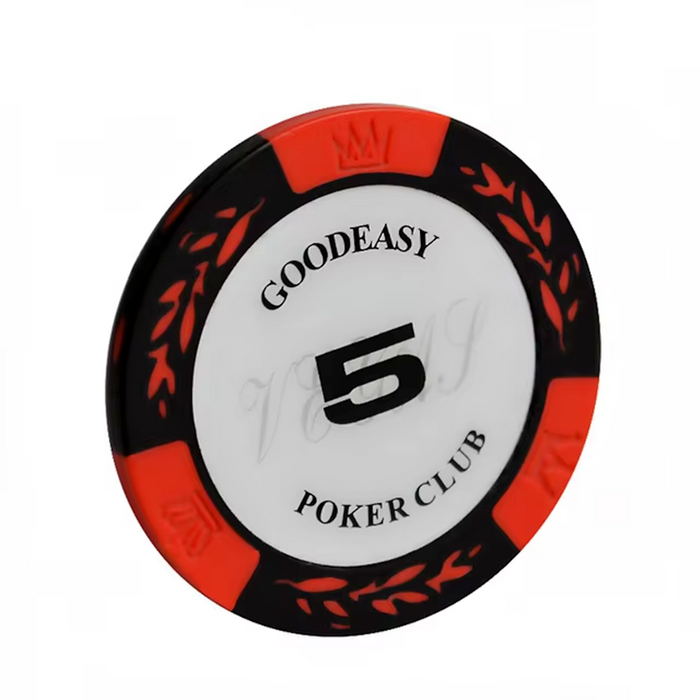 Set of 25 casino-style poker chips in 14g weight, featuring various colors and designs for poker and casino games.