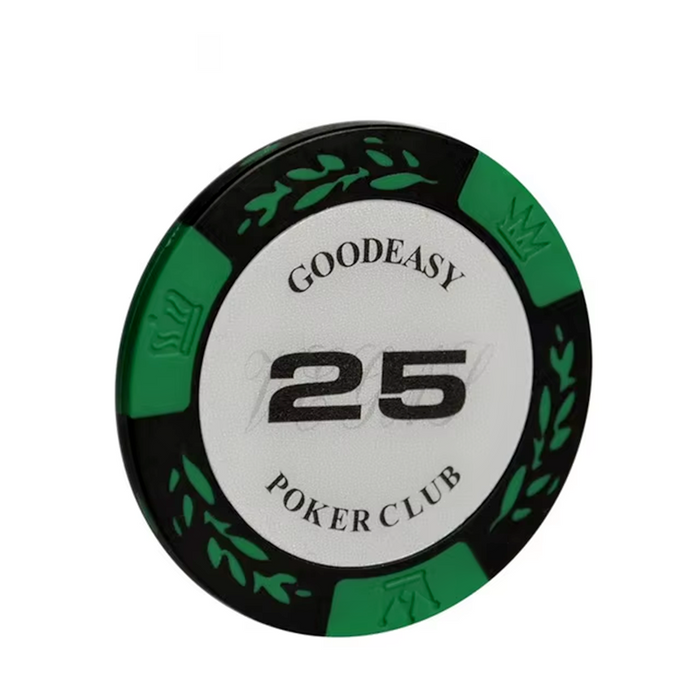 Set of 25 colorful 14g poker chips with casino tokens from dealonline.co.nz for poker games and gambling.