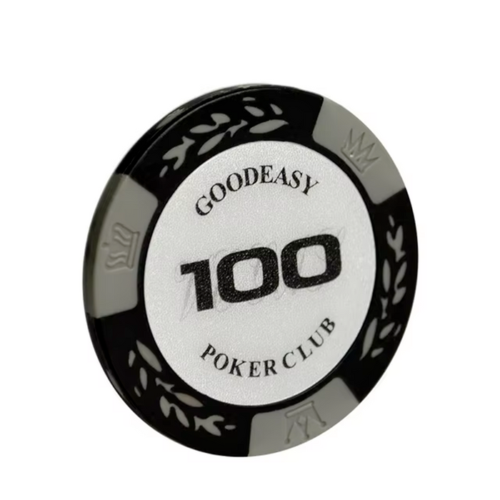Set of 25 black and white 14g poker chips with dealonline.co.nz branding, ideal for casino poker games and tokens