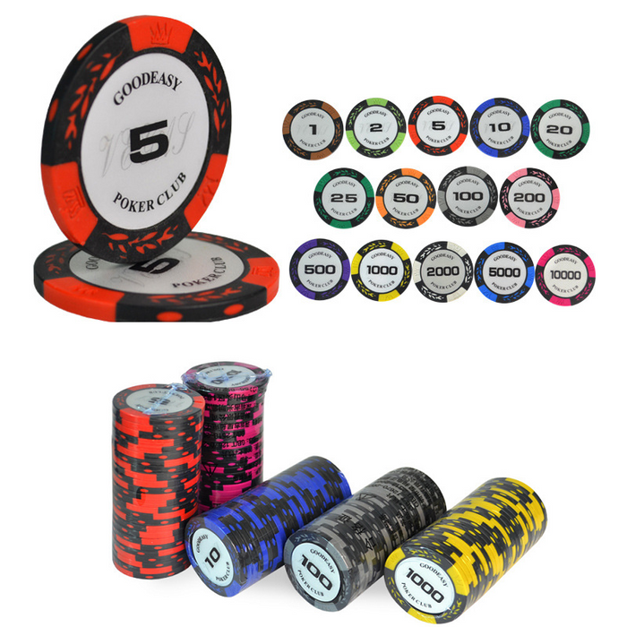 Set of 25 14g poker chips in various colors for casino gaming, featuring dealonline.co.nz branding and high-quality design.