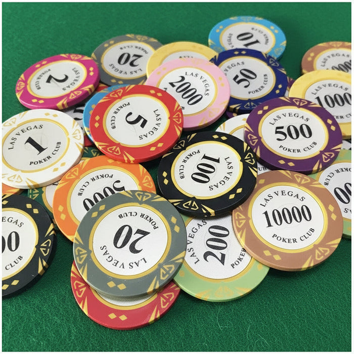 Set of 25 plastic poker chips in various colors, 14g each, for casino poker games in a dealonline.co.nz poker set.