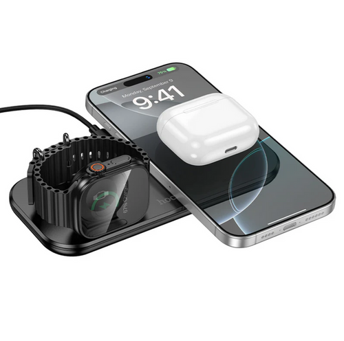 Techplus 15W 3-in-1 wireless charger with ultra-thin aluminum design, supporting phone, smartwatch, and earbuds charging.
