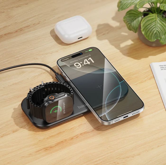 Techplus 15W 3-in-1 wireless charger with ultra-thin aluminum design, supporting charging for smartphones, earbuds, and smartwatch.