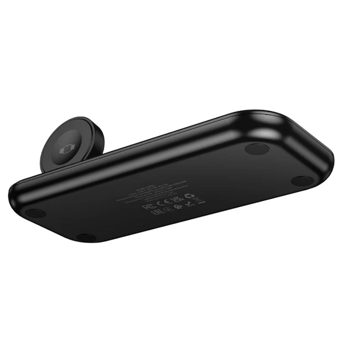 Techplus 15W 3-in-1 wireless charger with ultra-thin aluminum design, charging phone, smartwatch, and earbuds simultaneously.