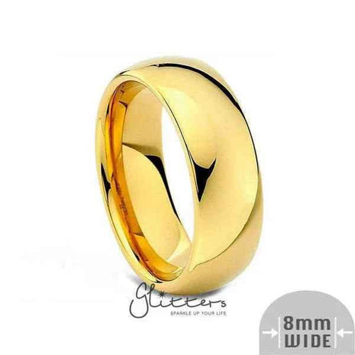 Glitters stainless steel ring with 8mm wide glossy mirror-polished 18K gold ion plating, plain band design.