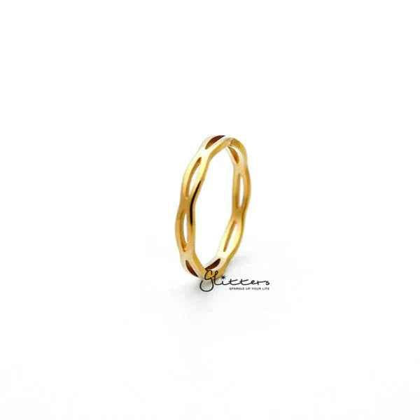 Glitters 18K gold plated stainless steel overlapping wavy women's rings, showcasing shiny gold finish and elegant design.