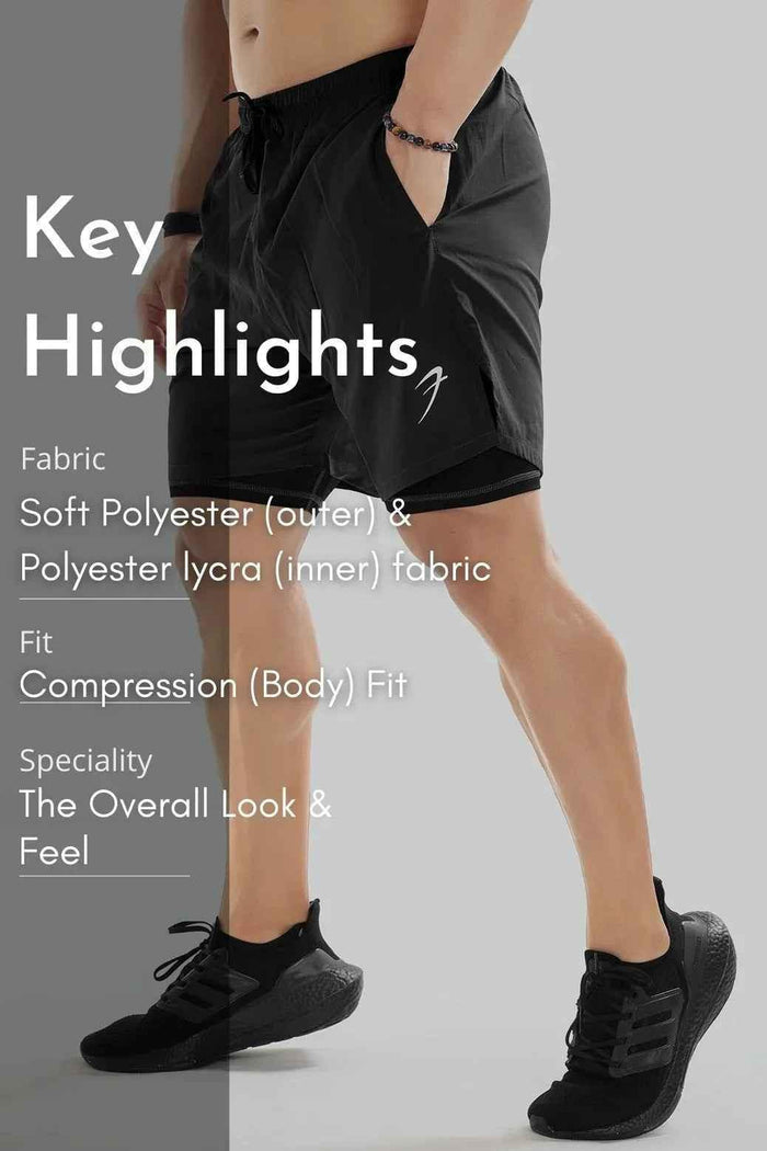 Dark grey 2 in 1 compression shorts by Fuaark Nz, featuring a snug fit and athletic design for active wear.