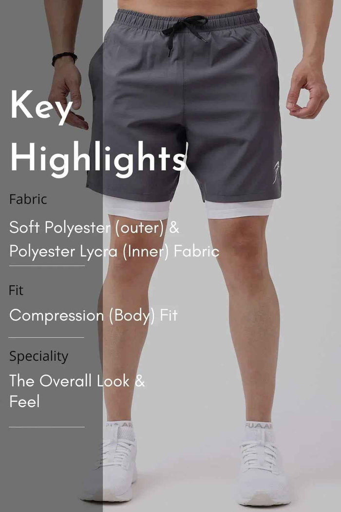 Fuaark Nz 2-in-1 compression shorts in grey with white accents, designed for athletic support and comfort.