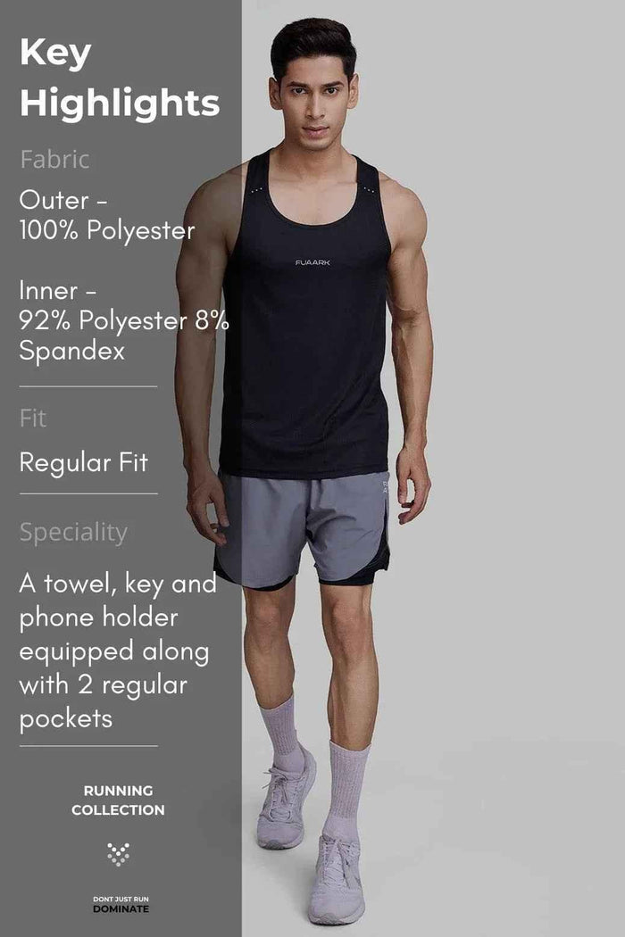 Fuaark NZ 2-in-1 mesh shorts in foggy grey with black accents, featuring lightweight breathable fabric and athletic fit.