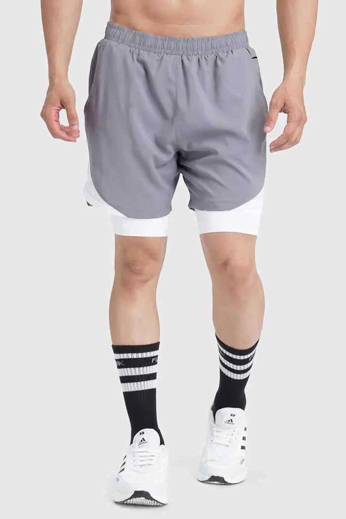 Fuaark Nz 2-in-1 mesh shorts in foggy grey with white design, featuring breathable fabric and sporty style.