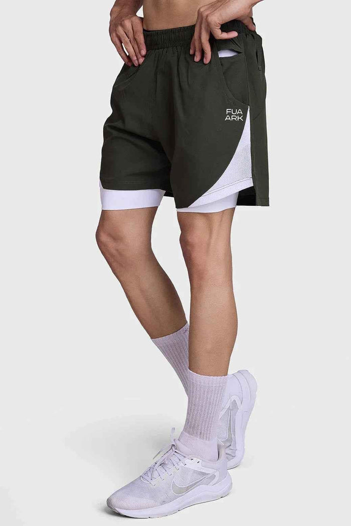 Olive green 2-in-1 mesh shorts by Fuaark Nz, featuring lightweight fabric and a comfortable fit for active wear.