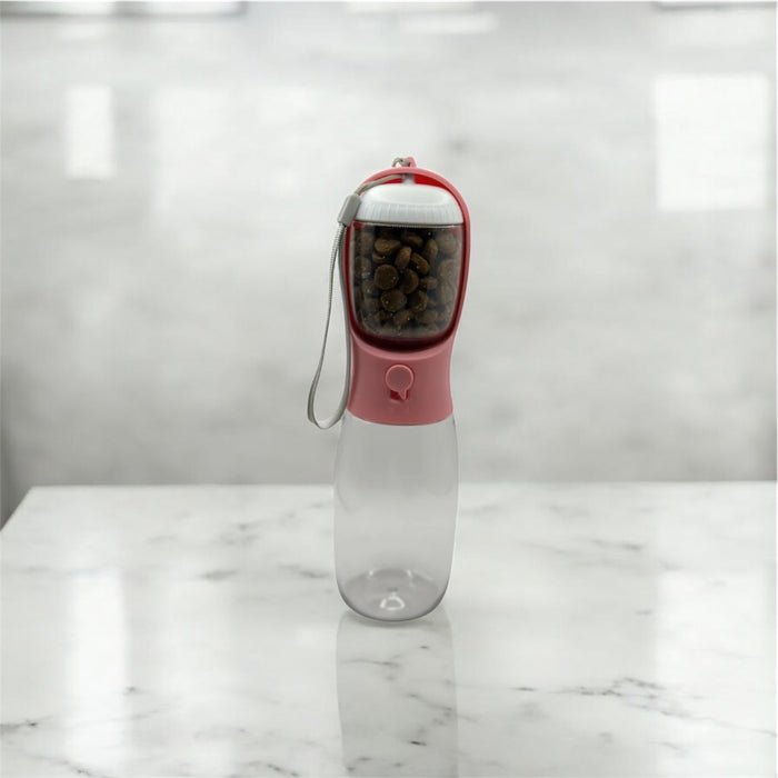 DogTreatNZ 2-in-1 portable pet bowl and water bottle with food compartment, compact design for on-the-go pet feeding.
