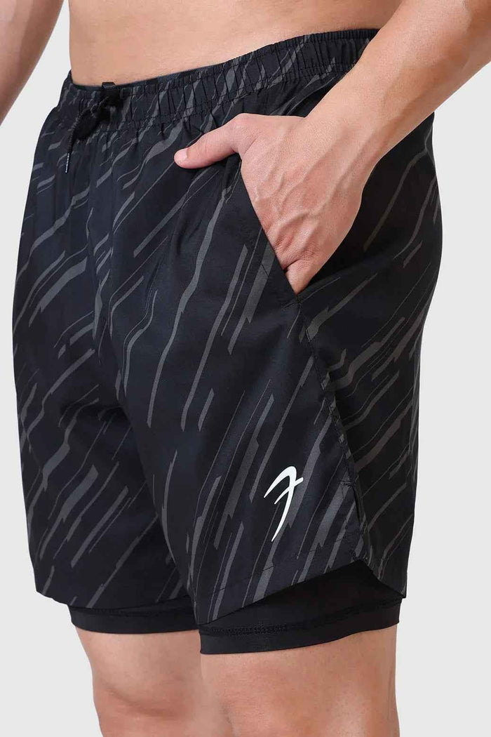 Black 2 in 1 printed compression shorts by Fuaark Nz featuring a stylish design and comfortable fit for active wear.