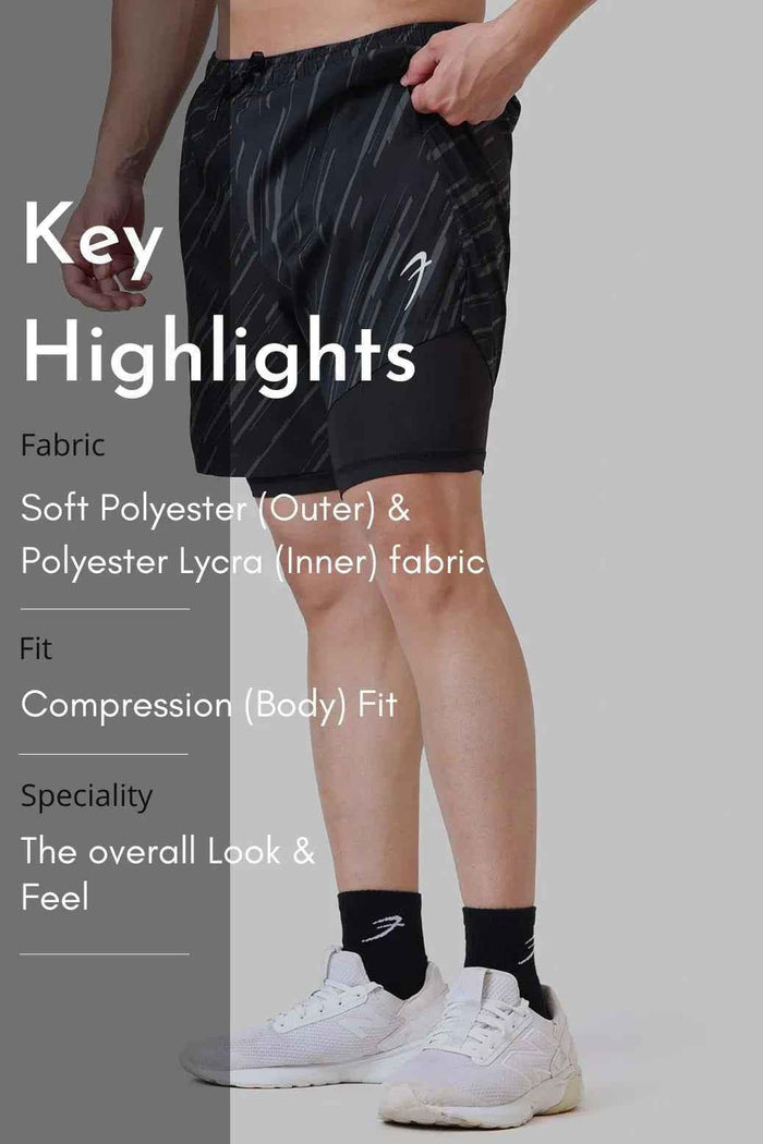 Black 2 in 1 printed compression shorts by Fuaark Nz, featuring a comfortable and stylish design for active wear.