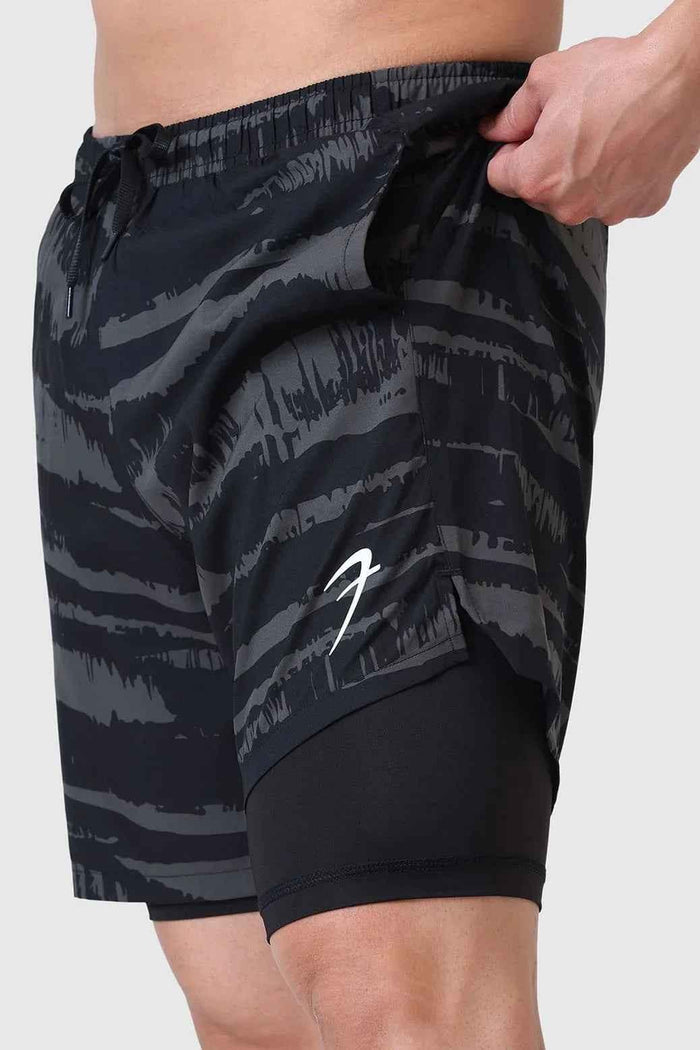 Olive green 2-in-1 printed compression shorts by Fuaark Nz, featuring a sleek design and comfortable fit for active wear.