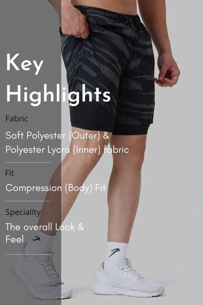 Fuaark Nz 2-in-1 printed compression shorts in olive, featuring a stylish design and comfortable fit for active wear.