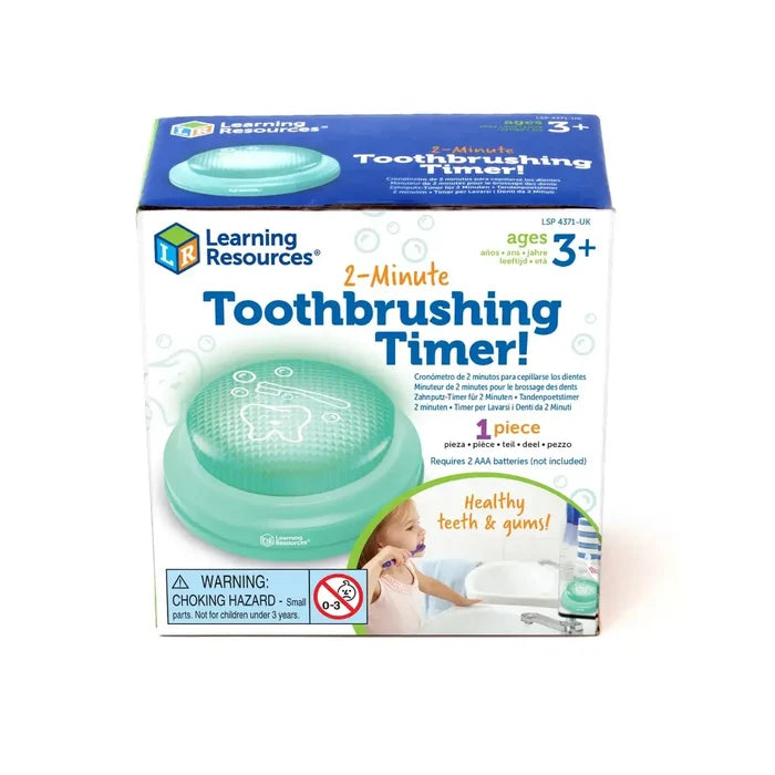 Learning Resources box featuring a light green dome timer and a photo of a young girl brushing her teeth.