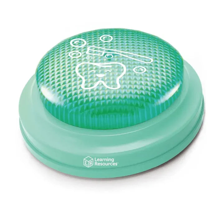 Round teal button timer with a textured dome featuring a white line drawing of a smiling tooth and a toothbrush.