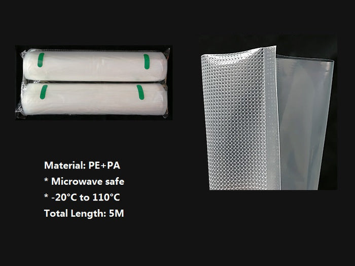 Two vacuum sealer bag rolls, 17x500cm, from dealonline.co.nz, shown unrolled with clear plastic material for food storage.