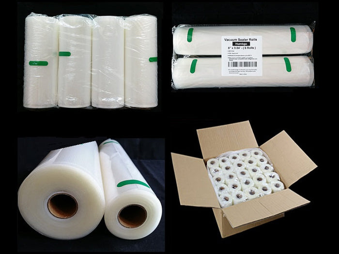 Two rolls of 17x500cm dealonlinenz vacuum sealer bags by dealonline.co.nz, shown rolled out flat for food storage.