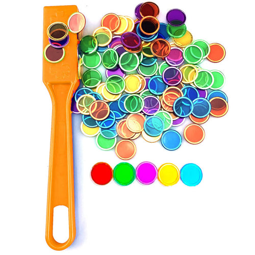 Orange magnetic wand with a pile of colorful translucent chips with metal rims and five sample chips below.