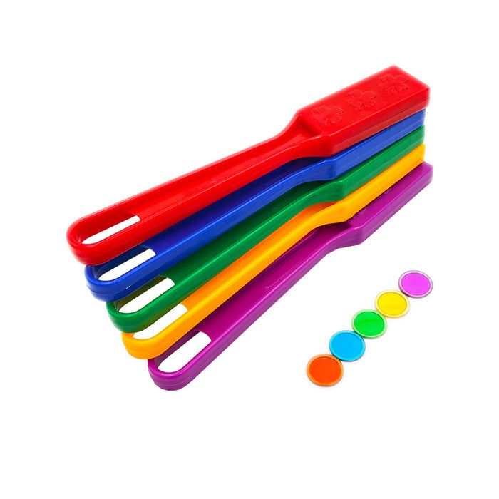 Five colorful plastic magnetic wands stacked beside five matching translucent metal-rimmed circular counting chips.