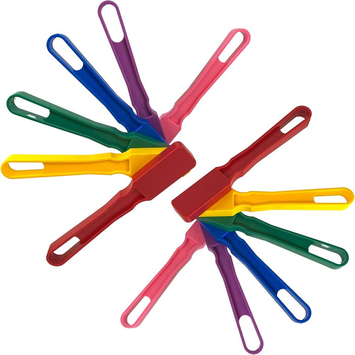 Twelve colorful plastic magnetic wands in red, pink, purple, blue, green, and yellow arranged in two fan shapes.