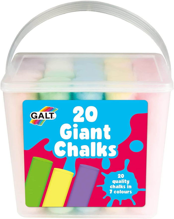 Clear plastic bucket of 20 large pastel chalks with a white handle and a vibrant blue and pink label.