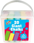 Clear plastic bucket of 20 large pastel chalks with a white handle and a vibrant blue and pink label.