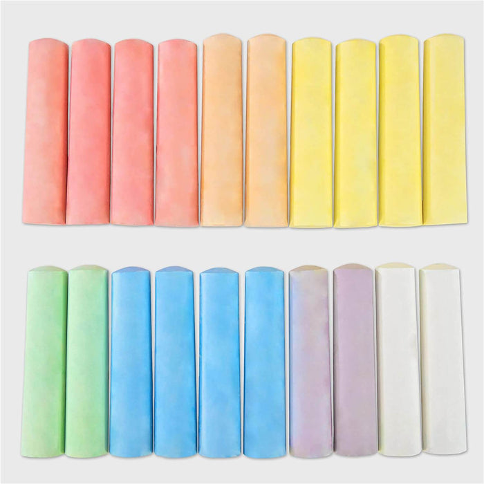 Two rows of 20 thick sidewalk chalk sticks in pink, orange, yellow, green, blue, purple, and white.