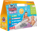 Bright yellow and blue triangular box showing kids in a tub, fruit scent icons, and a 20-count callout.