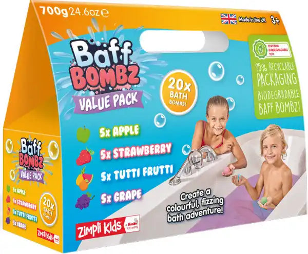 Bright yellow and blue triangular box showing kids in a tub, fruit scent icons, and a 20-count callout.