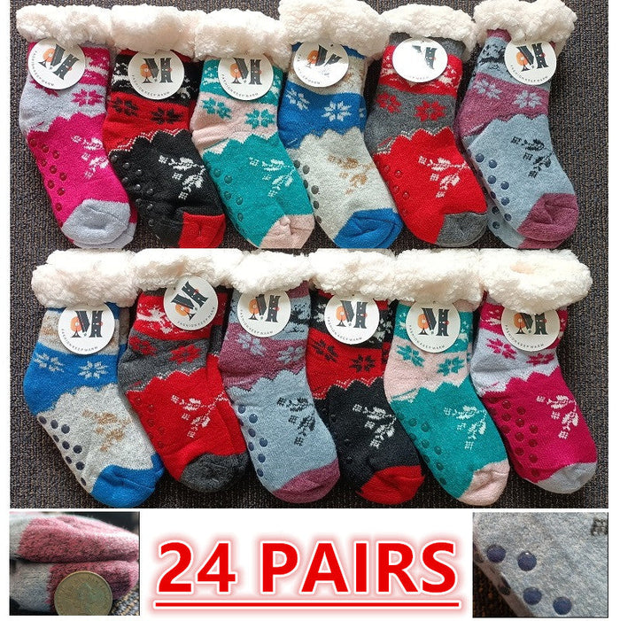 Set of 24 pairs of fuzzy kids' winter slippers with grippers, soft, warm socks from dealonlinenz by dealonline.co.nz.