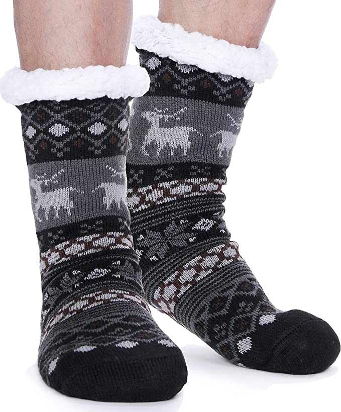 Pair of men's fuzzy slipper socks with grippers, super warm and soft for winter, from dealonline.co.nz.