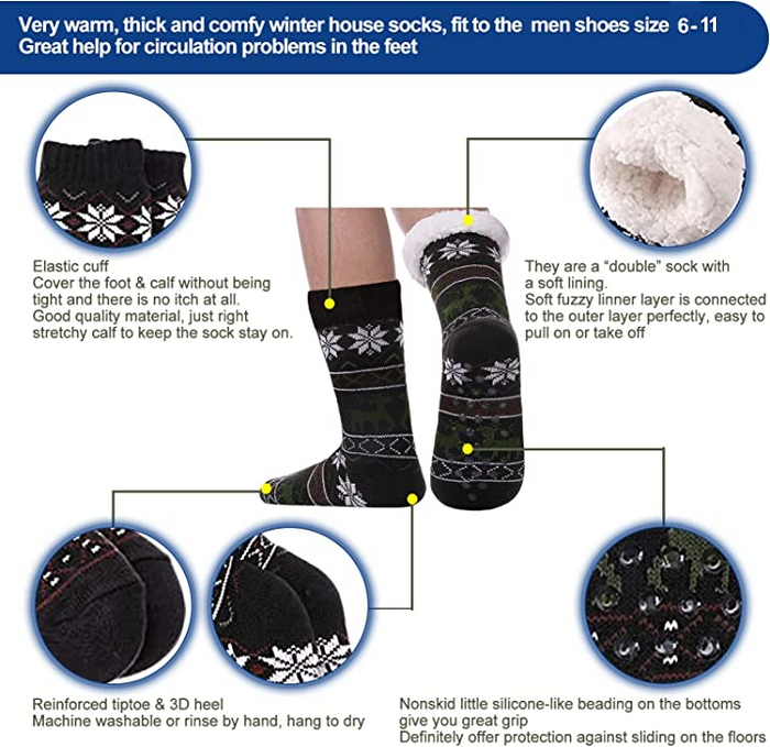 Pair of men's fuzzy winter slippers with grippers, soft and warm sock sets by dealonline.co.nz for cozy indoor wear.