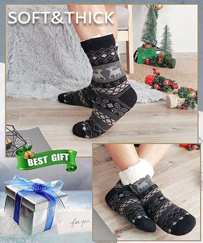 Pair of men's fuzzy slippers with grippers, super warm and soft winter socks in black and gray from dealonline.co.nz.