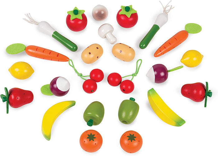 Colorful 24-piece wooden toy set of assorted fruits and vegetables with felt leaves on a white background.