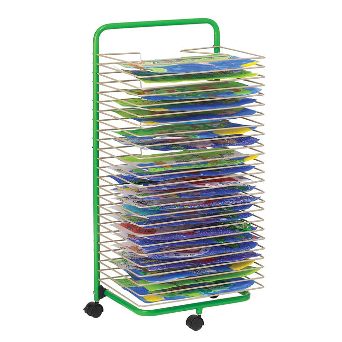 Green metal rolling rack with 25 thin wire shelves holding colorful children's art paintings.
