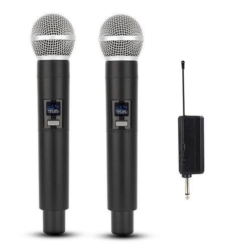 Wireless microphones with receiver and rechargeable batteries, ideal for karaoke, offering 100 ft range from dealonline.co.nz