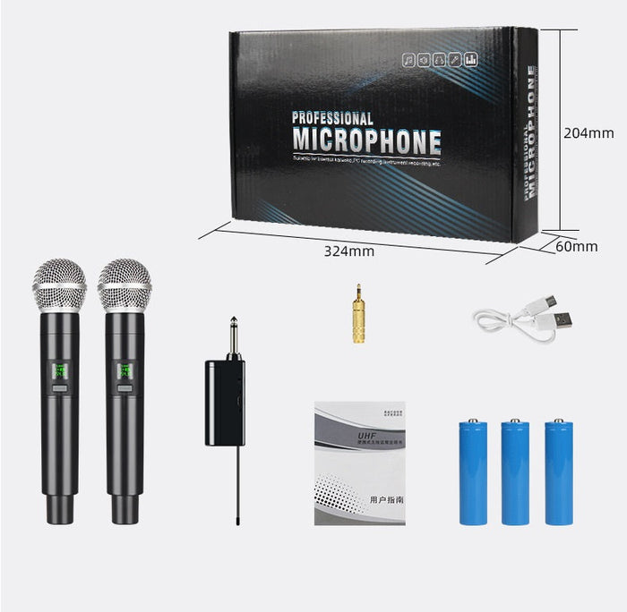 Pair of wireless microphones with receiver and rechargeable batteries, ideal for karaoke, with 100 ft range, from dealonlinenz.