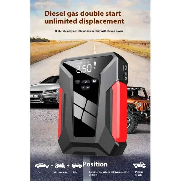 Mead's Supply 3-in-1 car jump starter power bank with air compressor, compact camping equipment for vehicle emergency needs.