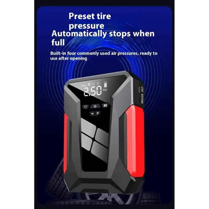 Mead's Supply & Equipment Outfitters 3-in-1 car jump starter power bank with air compressor, camping equipment for vehicle emergency use.